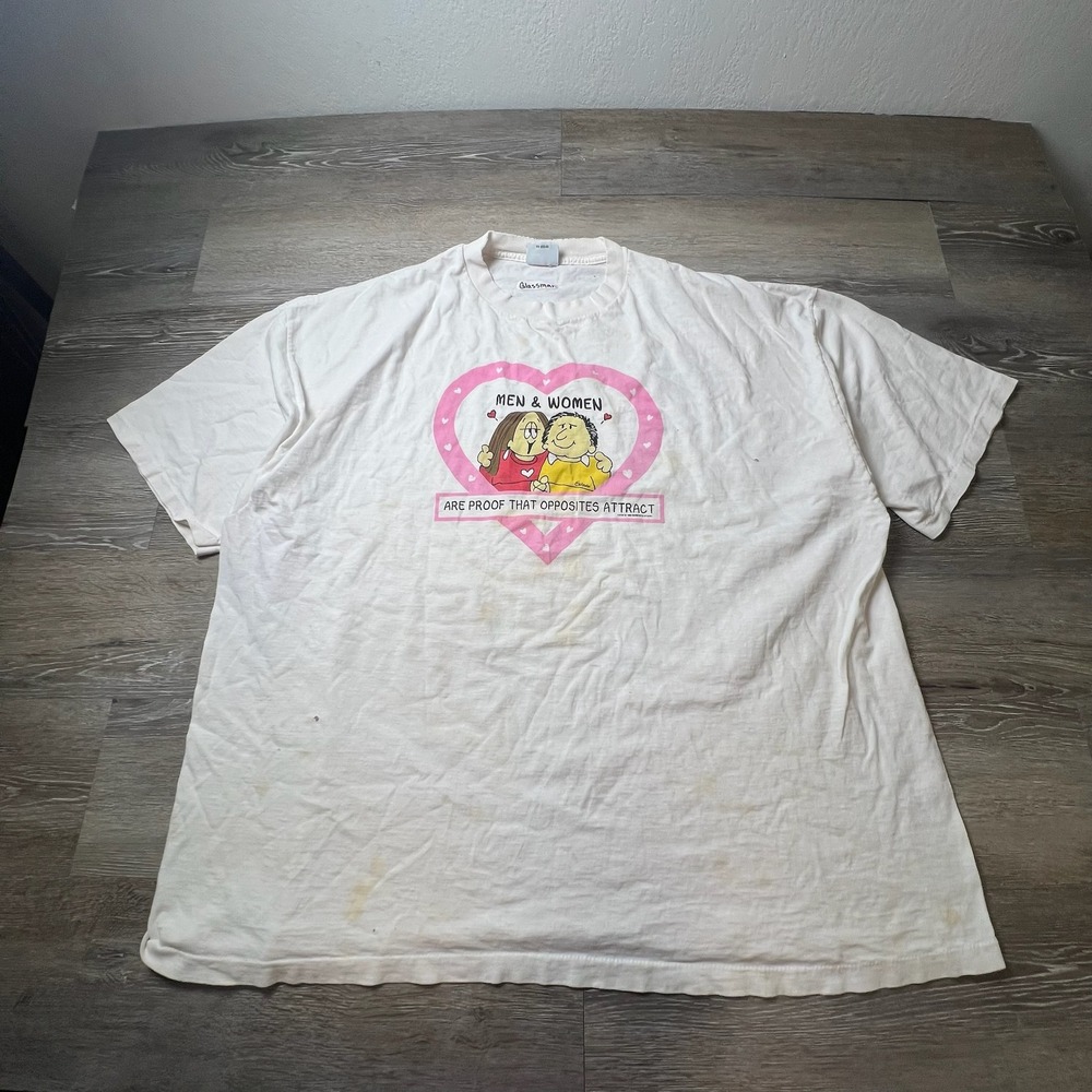Creative Mills Cathy Comic T-Shirt Mens XL White 1989 Vintage Opposites Attract